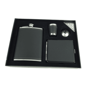 Set cadou format din 4 piese plosca palnie pahar tip shot si tabachera NEGRU SIMPLU imagine