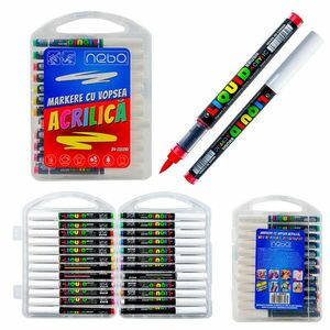 Set 24 markere acrilice, varf ascutit tip pensula, cutie depozitare, multiple suprafete imagine