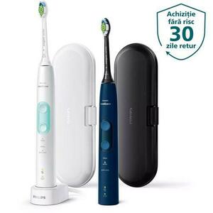 Set 2 periute Philips ProtectiveClean 5100 HX6851/34, 2 manere, 2 W2 Optimal White, 2 tocuri, 1 incarcator, 3 moduri periere, Senzor presiune, BrushSync, Rezistenta apa IPX7, Mint White and Dark Blue imagine