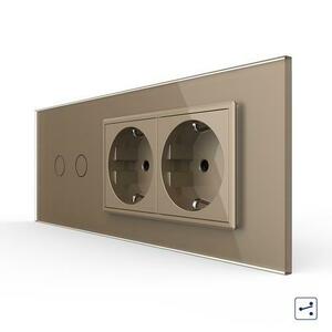 Intrerupator Dublu Cap Scara / Cruce + 2 Prize LIVOLO cu Rama Din Sticla, Standard Italian, 6M (Auriu) imagine