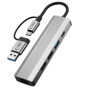 Hub USB-A / USB-C Tech-Protect HB03, 2 x USB-A, 1 x USB-A 3.0, 1 X USB-C, 1 x RJ45 (Gri) imagine