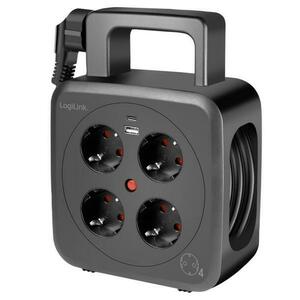 Prelungitor cu tambur Logilink LPS504, 4 prize, 1x USB-C PD 3.0, 1x USB-A QC 3.0, protectie la suprasarcina, IP20, H05VV-F 3G 1.5 mm², 5 m (Negru) imagine