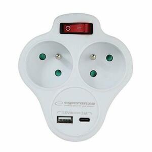 Adaptor dublu stecher Esperanza ELK311W, switch ON/OFF cu incarcator, USB-C/USB-A (Alb) imagine