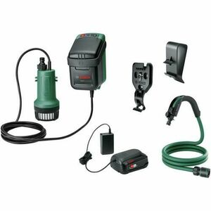 Pompa submersibila apa curata/de ploaie pe acumulator Bosch GardenPump 06008C4202, 18 V, 2.5 Ah, 2000 l/h debit maxim, 30 min timp maxim functionare, 2.5 m lungime furtun, ghidaj furtun, accesoriu prindere rezervor/perete, acumulator, incarcator imagine