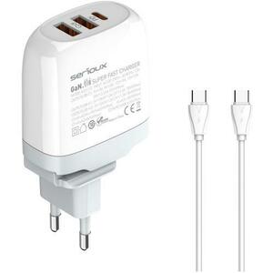 Incarcator retea Serioux QC65WGAN, 65W, tehnologie GaN, 1x USB-C, 2x USB-A, cablu Type-C inclus, Alb imagine