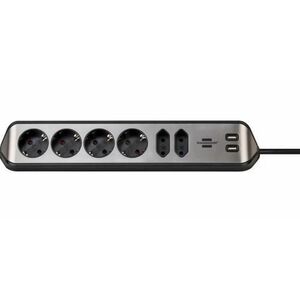 Prelungitor pentru perete/colt Brennenstuhl Estilo, 6 prize, 2xUSB, 3.1 A, cablu H05VV-F 3G1.5, 2m (Argintiu/Negru) imagine