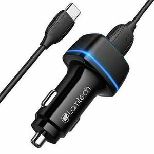Incarcator auto Lamtech, 2 x USB 2.4A, Cablu Type-C 1m, Negru imagine