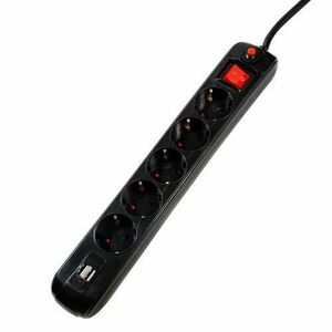 Prelungitor SPACER, Schuko x 5, conectare prin Schuko (T), USB x 2, cablu 1.8 m, 16 A, max. 3500W, protectie supratensiune, negru, „PP-5-18B-USB” imagine