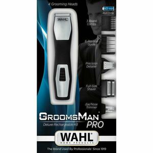Aparat de tuns barba Wahl 09855-1216, GroomSman Pro, cu 6 pozitii, 3 nivele individuale de tuns, alimentare acumulator, 4 piepteni de ghidare, trimmer pentru precizie, autonomie 60 minute, negru-gri imagine