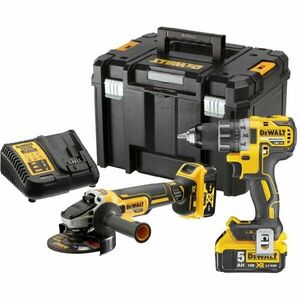 Set 2 scule profesionale pe acumulator DeWALT DCK2020P2T, 18V, motor fara perii, include: masina de gaurit DCD791, polizor unghiular DCG405 si 2x acumulator 5 Ah Li-Ion, incarcator rapid, cutie transport TSTAK imagine