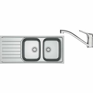 Pachet chiuveta bucatarie inox Franke SKL 620 ST, dreptunghiulara, 2 cuva si picurator pe partea stanga, 116x50x14 cm, adancime cuva 14 cm + Baterie Basic Crom, rotatie pipa 360°, discuri ceramice, furtunuri flexibile inox, Inox dekor imagine