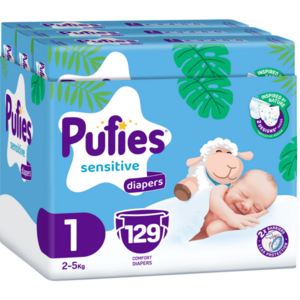 Scutece Pufies Sensitive, marimea 1 Newborn, 129 bucati, 2-5 kg, pachet multiplu imagine