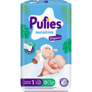 Scutece Pufies Sensitive, marimea 1 Newborn, 43 bucati, 2-5 kg, pachet Newborn imagine
