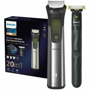 Set OneBlade & Aparat de tuns barba si parul 20 in 1 PHILIPS Multigroom All in One MG9553/15, tehnologie BeardSense si OneBlade, lame din otel cu auto-ascutire, 27 setari de lungime, rezistent la apa, husa, Argintiu imagine