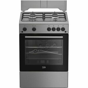 Aragaz Beko FSHT62111GX, Gaz, 4 arzatoare, Aprindere electrica plita/cuptor, Grill, Rotisor, 60 cm, Inox imagine