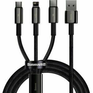 Cablu alimentare si date Baseus Tungsten Gold One-for-three, Fast Charging Data Cable pt.smartphone, USB la Micro-USB+Lightning+USB Type-C 3.5A, braided, 1.5 m, negru imagine