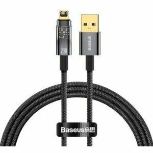 Cablu alimentare si date Baseus Explorer, Fast Charging Data Cable pt. smartphone, USB la Lightning 2.4A, 1m, Auto Power-Off, negru transparent imagine