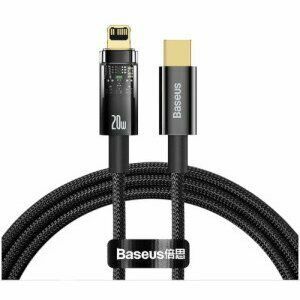 Cablu alimentare si date Baseus Explorer, Fast Charging Data Cable pt. smartphone, USB Type-C la Lightning 20W, 2m, Auto Power-Off, negru transparent imagine
