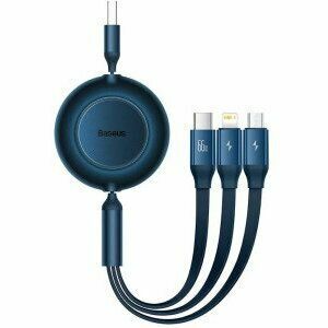 Cablu alimentare si date Baseus Bright Mirror One-for-three Retractable, pt smartphone, USB Type-C la Micro-USB+Lightning+USB Type-C 66W, 1.1m, albastru imagine