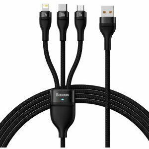 Cablu alimentare si date Baseus Flash, One-for-three Retractable, pt smartphone, USB la Micro-USB+Lightning + USB Type-C 100W, 1.2m, negru imagine