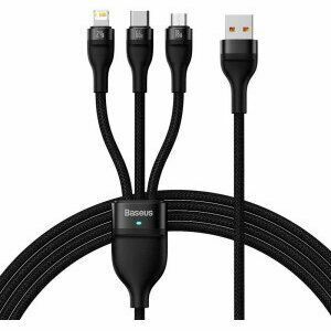 Cablu alimentare si date Baseus Flash, One-for-three Retractable, pt smartphone, USB la Micro-USB+Lightning + USB Type-C 66W, 1.2m, negru imagine