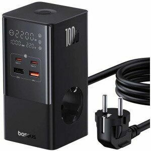 Incarcator retea Baseus GaN Powerstrip, Quick Charge 100W, 2 x AC, 2 x USB Type-C Output 5V/3A, 2 x USB, lungime Cablu 1.5m, negru imagine