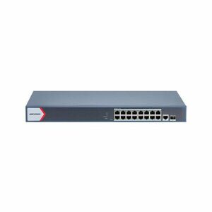 Switch rackabil cu 16 porturi PoE Hikvision DS-3E1518P-EI/M, 1 port RJ-45, 1 port optic, 56 Gbps, 41.66 Mpps, MAC 8K, 300 m, management cloud, PoE Watchdog imagine