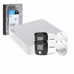 Sistem supraveghere exterior cu HDD 1TB HikVision, 2 camere, 5 MP, IR 30 m, lumina alba 20 m, 2.8 mm, microfon imagine