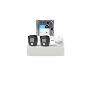 Sistem supraveghere exterior cu HDD 1 TB HikVision, 2 camere, 2 MP, IR 25 m, lumina alba 20 m, 2.8 mm, microfon imagine