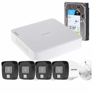 Sistem supraveghere exterior cu HDD 1TB HikVision, 4 camere, 5 MP, IR 25 m, lumina alba 20 m, 2.8 mm, microfon imagine