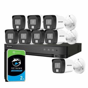Sistem supraveghere exterior cu HDD 2TB HikVision, 8 camere, 5 MP, IR 25 m, lumina alba 20 m, 2.8 mm, microfon imagine
