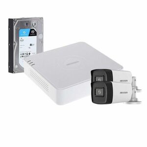 Sistem supraveghere exterior cu HDD 1TB HikVision, 2 camere, 5 MP, IR 40 m, 2.8 mm, microfon imagine