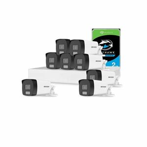 Sistem supraveghere exterior cu HDD 2 TB HikVision, 8 camere, 2 MP, IR 40 m, lumina alba 40 m, 2.8 mm, microfon imagine