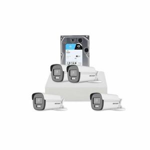 Sistem supraveghere exterior cu HDD 1 TB HikVision, 4 camere, 2 MP, 2.8 mm, IR/lumina alba 40 m, microfon imagine