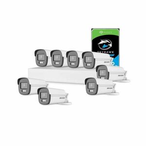 Sistem supraveghere exterior cu HDD 2 TB HikVision, 8 camere, 2 MP, 2.8 mm, IR/lumina alba 40 m, microfon imagine