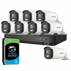 Sistem supraveghere exterior cu HDD 2TB HikVision, 8 camere, 5 MP, lumina alba 20 m, 2.8 mm, stroboscop imagine
