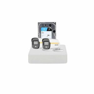 Sistem supraveghere exterior cu HDD 1 TB HikVision, 2 camere, 2 MP, 2.8 mm, IR/Lumina alba 30/20 m, PoC, microfon imagine