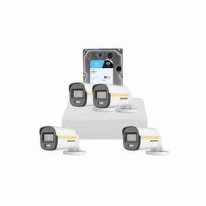 Sistem supraveghere exterior cu HDD 1 TB HikVision, 4 camere, 2 MP, 2.8 mm, IR/Lumina alba 30/20 m, PoC, microfon imagine