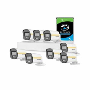 Sistem supraveghere exterior cu HDD 2 TB HikVision, 8 camere, 2 MP, 2.8 mm, IR/Lumina alba 30/20 m, PoC, microfon imagine
