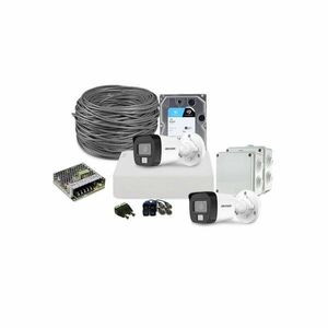 Sistem supraveghere exterior complet HikVision, 2 camere, 2 MP, IR 25 m, lumina alba 20 m, 2.8 mm, microfon, HDD 1 TB imagine