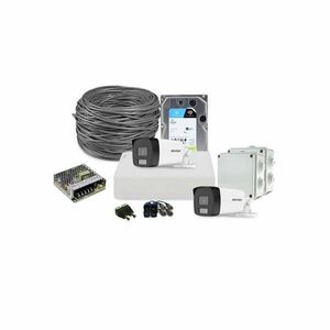 Sistem supraveghere exterior complet HikVision, 2 camere, 2 MP, IR 40 m, lumina alba 40 m, 2.8 mm, microfon, HDD 1 TB imagine