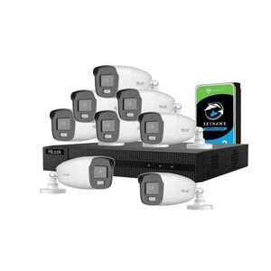 Sistem supraveghere exterior cu HDD 1 TB HikVision HiLook, 8 camere, 2 MP, 2.8 mm, IR/lumina alba 40 m, microfon imagine