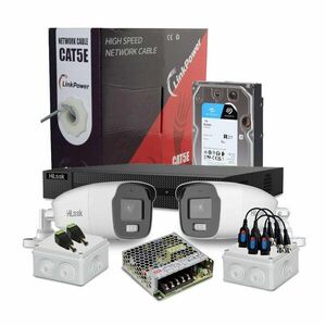 Sistem supraveghere exterior complet HikVision HiLook, 2 camere, 2 MP, 2.8 mm, IR/lumina alba 40 m, microfon, HDD 1 TB imagine