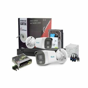 Sistem supraveghere exterior complet HikVision HiLook, 2 camere, 2 MP, 2.8 mm, IR/lumina alba 20 m, microfon, HDD 1 TB imagine