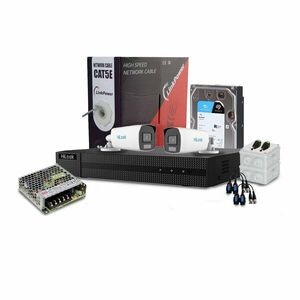 Sistem supraveghere exterior complet HikVision HiLook, 2 camere, 2 MP, 2.8 mm, IR/lumina alba 40 m, microfon, HDD 1 TB imagine
