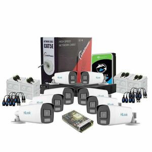 Sistem supraveghere exterior complet HikVision HiLook, 8 camere, 2 MP, 2.8 mm, IR/lumina alba 40 m, microfon, HDD 2 TB imagine