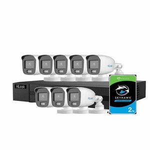 Sistem supraveghere exterior Hikvision HiLooK ColorVu KIT-HL-M-8C-C-0005, 5 MP, 2.8 mm, lumina alba 20 m, microfon, HDD 2TB imagine