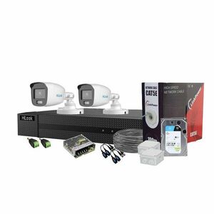 Sistem supraveghere exterior Hikvision HiLooK ColorVu KIT-HL-C-2C-C-0005, 5 MP, 2.8 mm, lumina alba 20 m, microfon, HDD 1TB imagine
