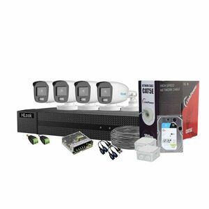 Sistem supraveghere exterior Hikvision HiLooK ColorVu KIT-HL-C-4C-C-0005, 5 MP, 2.8 mm, lumina alba 20 m, microfon, HDD 1TB imagine