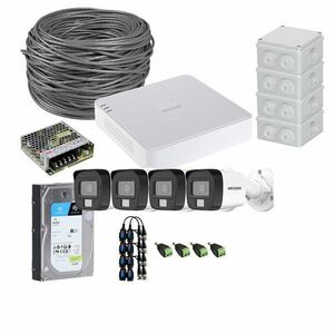 Sistem supraveghere exterior complet HikVision, 4 camere, 5 MP, IR 30 m, lumina alba 20 m, 2.8 mm, microfon, HDD 1TB imagine